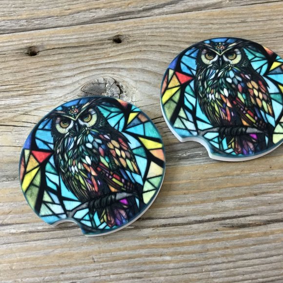 Owl Faux Stained Glass Car Coasters - Set of 2 - Picture 4 of 7